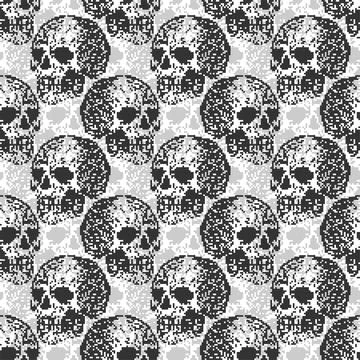 Skull pixel art pattern seamless. pixelated Skeleton head background. 8 bit v Illustrazione stock