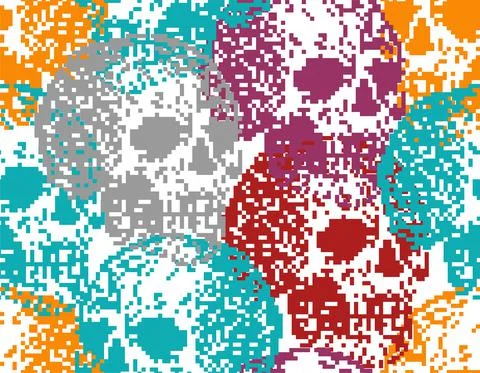 Skull pixel art pattern seamless. pixelated Skeleton head background. 8 bit v Stock Illustration