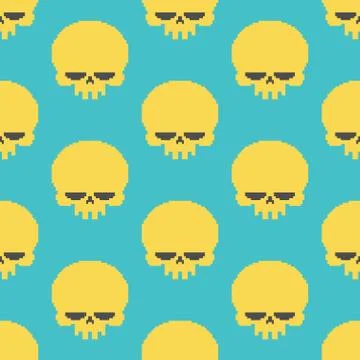 Skull pixel art seamless pattern. head of skeleton pixelated background. Re.. Stock Illustration