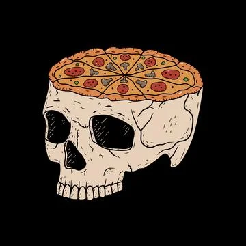 A skull with pizza instead of a brain vector illustration on black background Stock Illustration