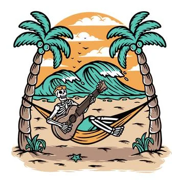 Skull playing guitar on the beach Stock Illustration