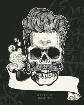 Skull Print. Hipster silhouette with mustache and tobacco pipes Stock Illustration