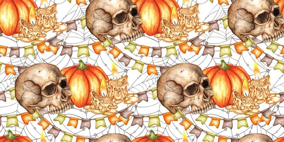 Skull pumpkin garland web pattern watercolor Stock Illustration