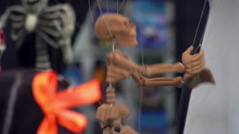 A skull puppet is manipulated for a man Stock Footage 137760074