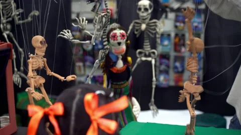 A skull puppet is manipulated for a man Stock Footage 137760216