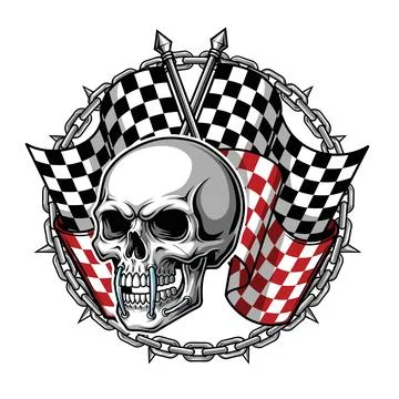 Skull with racing checkered flags and chain Illustrazione stock