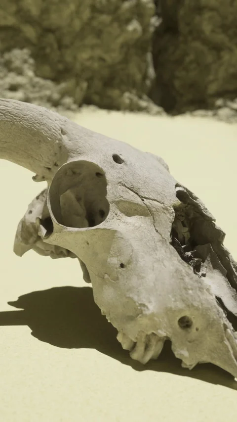Skull of a ram resting on the arid desert floor beneath rocks Stock Footage 310606183