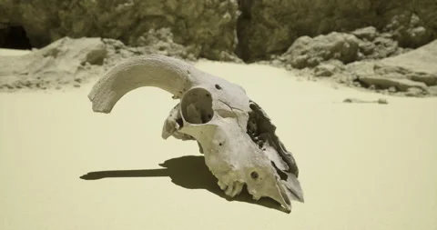 Skull of a ram resting on the arid desert floor beneath rocks Stock Footage 315654633