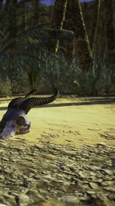 Skull of a ram resting on sandy ground in a dry environment during daytime Stock Footage 331748820