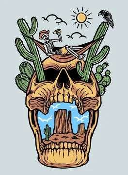 Skull relaxing in the desert Illustrazione stock