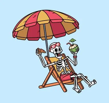 Skull relaxing while drinking coconut Stock Illustration