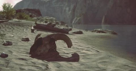 Skull remains rest on sandy shore beside a tranquil lake at dusk Stock Illustration