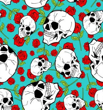 Skull with rose pattern seamless. Skeleton head and flower background Stock Illustration