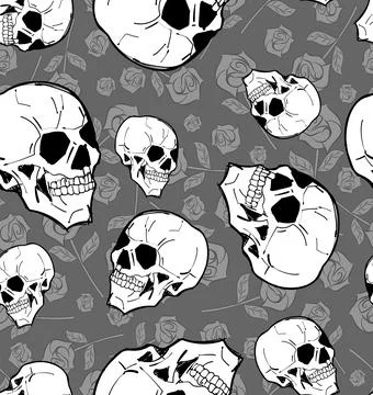 Skull with rose pattern seamless. Skeleton head and flower background Stock Illustration