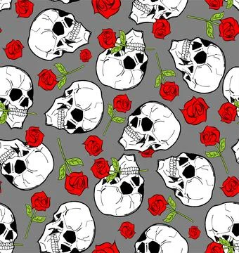 Skull with rose pattern seamless. Skeleton head and flower background Stock Illustration