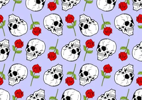 Skull with rose pattern seamless. Skeleton head and flower background Stock Illustration