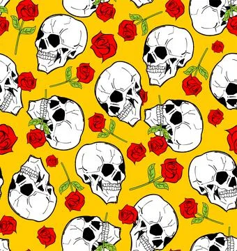 Skull with rose pattern seamless. Skeleton head and flower background Stock Illustration