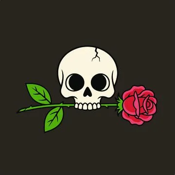 Skull with rose in teeth, minimal simple vector illustration Stock Illustration