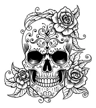 Skull Roses Abstract Pattern Tattoo Design 스톡 일러스트