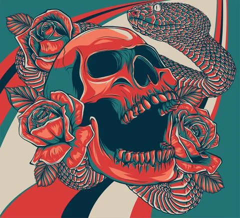 Skull with roses and snake vector illustration Stock Illustration