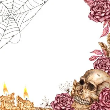 Skull roses dry branches web candles frame square watercolor Stock Illustration