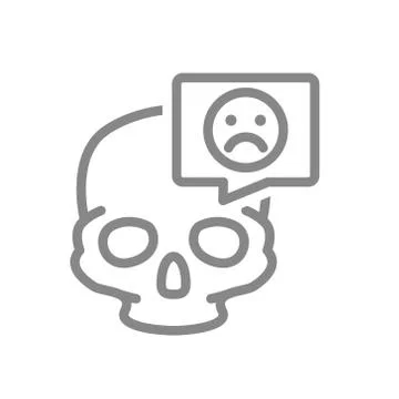 Skull with sad face in speech bubble line icon. Bone structure of the head Stock Illustration