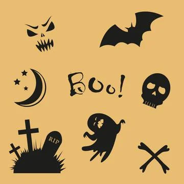 Skull scary face grave bones bat crescent moon ghost and inscription Boo Illustrazione stock