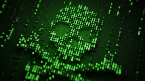 Skull shape of glowing green pixels seamless loop 3D render animation Stock Footage 129408631