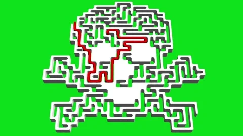 Skull shaped 3d maze with solution path on green screen background Stock Footage 317755158