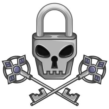 Skull shaped padlock with antique keys Stock Illustration