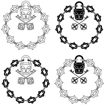 Skull shaped padlock with keys and chains Stock Illustration