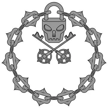 Skull shaped padlock with keys and chains Stock Illustration
