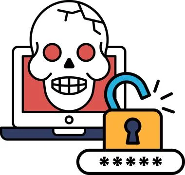 A skull is shown on a laptop screen with a lock on the screen Stockillustratie