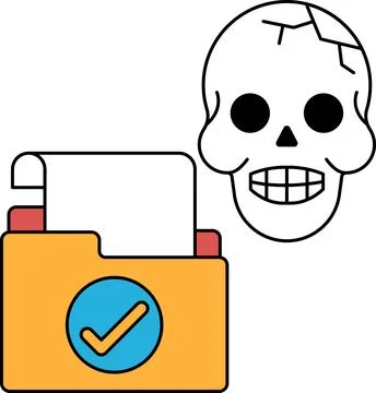 A skull is shown next to a folder with a check mark on it Stock Illustration