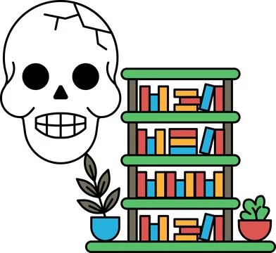 A skull is sitting on a shelf next to a stack of books イラスト素材