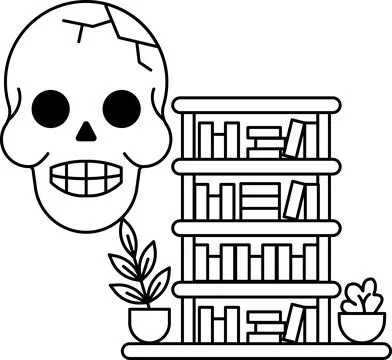 A skull is sitting on a shelf next to a stack of books イラスト素材