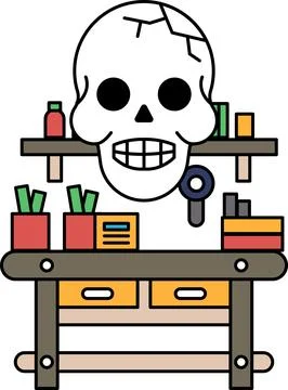 A skull is sitting on a table with a bunch of other items Stock Illustration