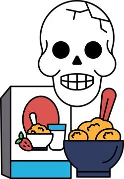 A skull is sitting on a table next to a box of cereal and a bowl of ice cream Stock Illustration