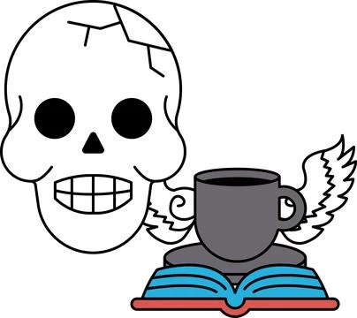 A skull is sitting on a table next to a cup of coffee and a book Stock Illustration