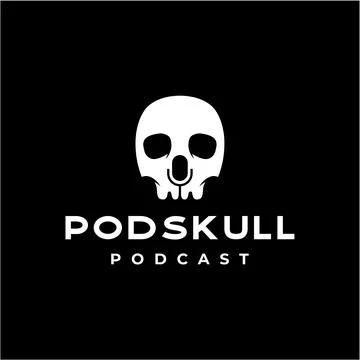 Skull skeleton with mic as negative space for podcast logo design Stock Illustration