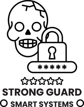A skull with a skull on top of a lock with the words "Strong Guard Smart Sy.. Illustrazione stock