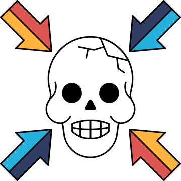A skull with a smile on it is surrounded by arrows pointing in different di.. Illustrazione stock