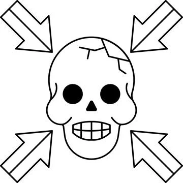 A skull with a smile on it is surrounded by arrows pointing in different di.. Illustrazione stock