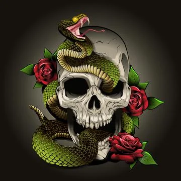 Skull snake and roses. Vector illustration. engraving style Stock Illustration