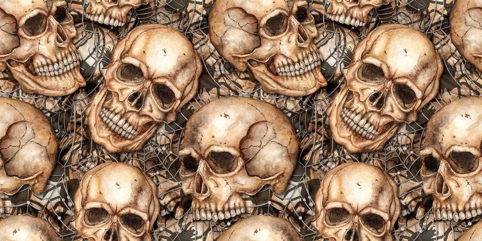 Skull spiders and web pattern watercolor 스톡 일러스트