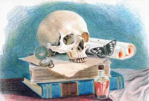 Skull on a stack of books Stock Illustration