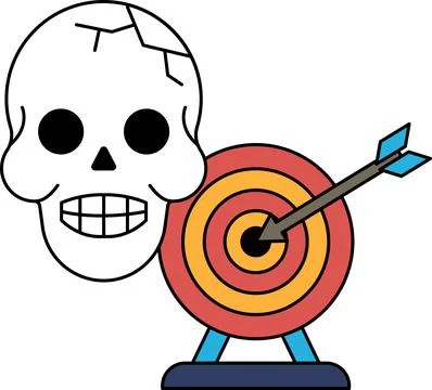 A skull is standing in front of a target with an arrow pointing to it Ilustração Stock