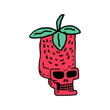 Skull strawberry drawing. Head of skeleton red berry cartoon Stock Illustration