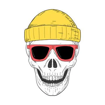 Skull with sunglasses and a hat. Vector illustration. Isolated. Stock Illustration