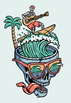 Skull surfing while playing guitar Illustrazione stock